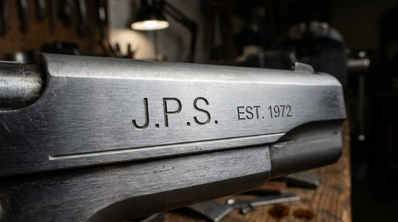 Close-up of basic block-letter engraving on a firearm slide