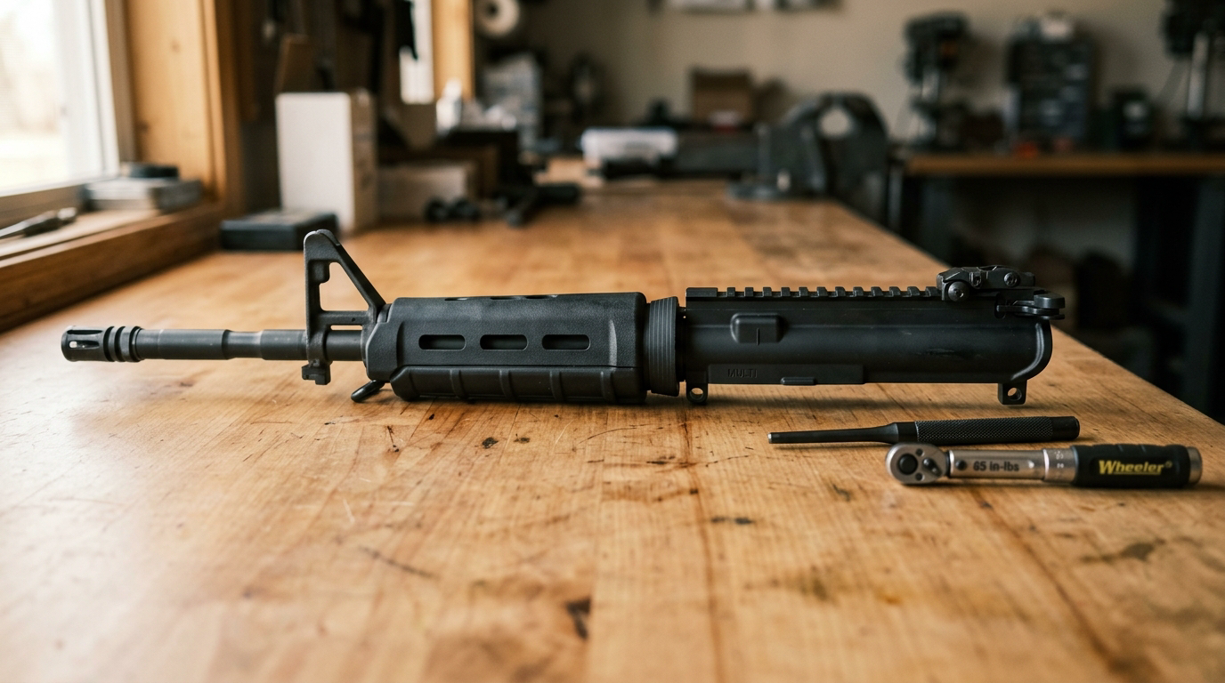 AR-15 upper receiver on gunsmithing workbench with torque wrench