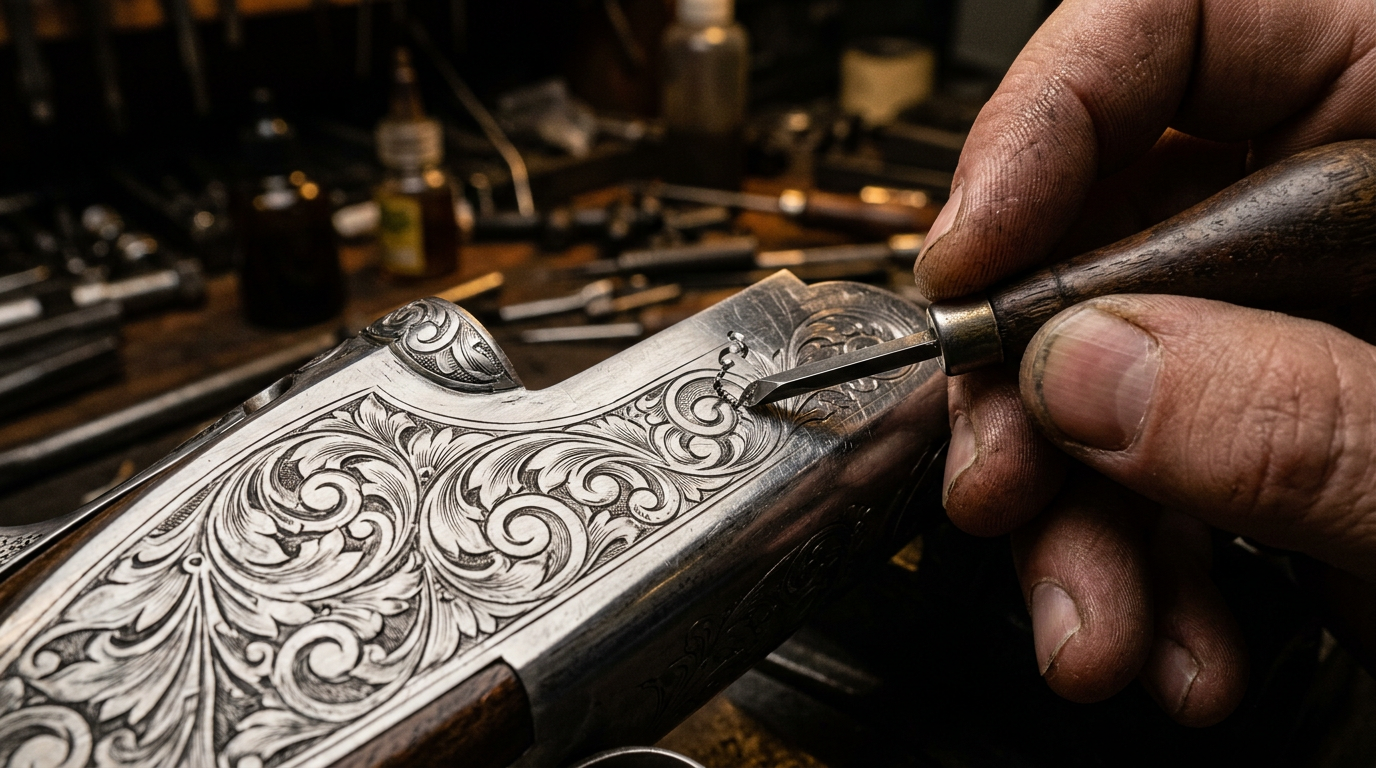 Close-up of detailed scrollwork engraving on a firearm receiver
